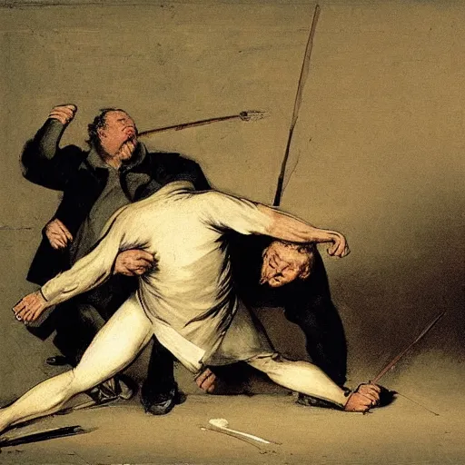 Image similar to “ cripple fight, by goya ”