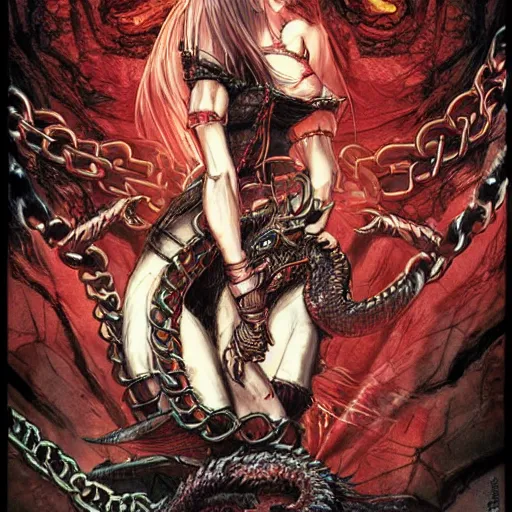 Prompt: Dragon Woman in chains, game poster printed on playstation 2 video game box , Artwork by Akihiko Yoshida, cinematic composition