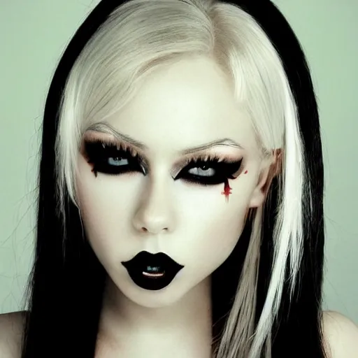 Prompt: modeling photograph kerli koiv, blonde, beautiful, dark, mysterious, bubble goth, detailed face