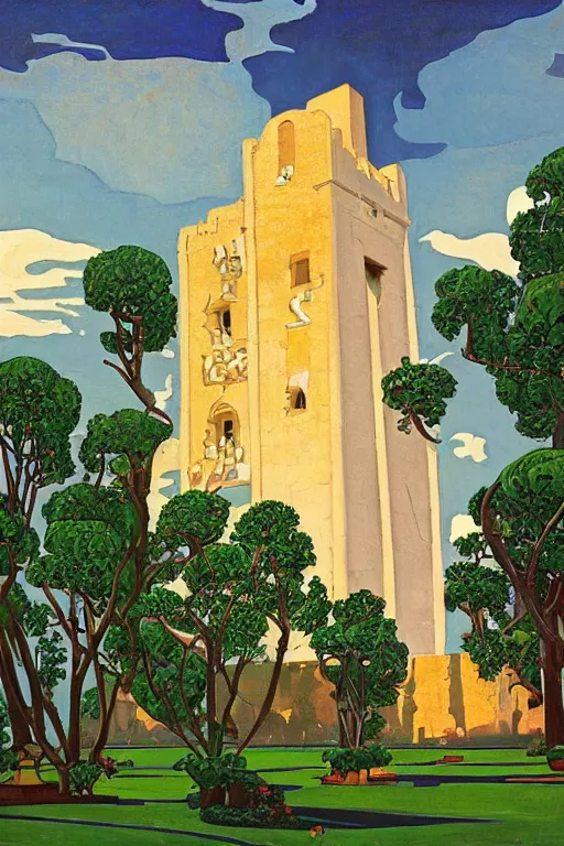 Image similar to view of the ancient tiled white tower in its gardens after a storm, tall windows, beautiful moorish ornament, dramatic cinematic lighting, rich colors, golden age illustration, by Sylvain Sarrailh and Nicholas Roerich and Ludwig Deutsch