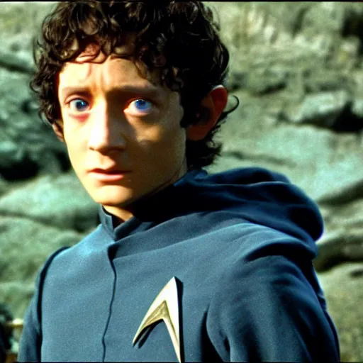 Prompt: A still of Frodo on Star Trek, sharp focus, high quality, 4k