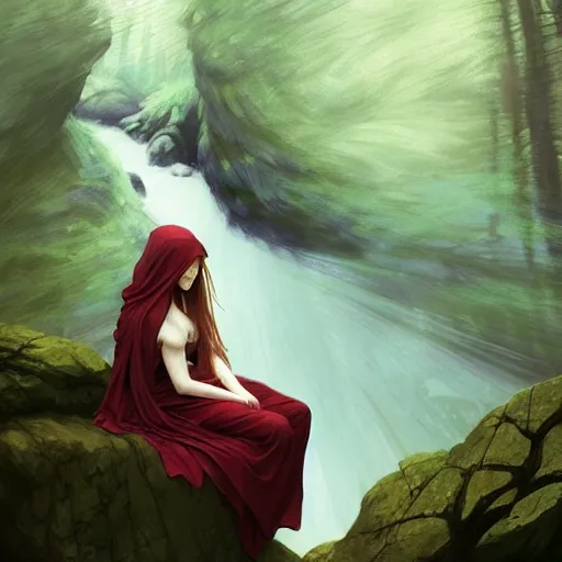 Prompt: wide angle, cloaked woman, sleeping on rock in river, white green brown blue color palette, eyes closed, forest, female, d & d, fantasy, intricate, elegant, highly detailed, long red hair, digital painting, artstation, octane render, concept art, matte, sharp focus, illustration, hearthstone, art by artgerm, alphonse mucha johannes voss