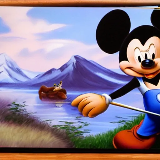 Image similar to a closeup photorealistic photograph of bob ross working on a canvas painting of mickey mouse. film still. brightly lit scene. mountains and trees. this 4 k hd image is trending on artstation, featured on behance, well - rendered, extra crisp, features intricate detail, epic composition and the style of unreal engine.