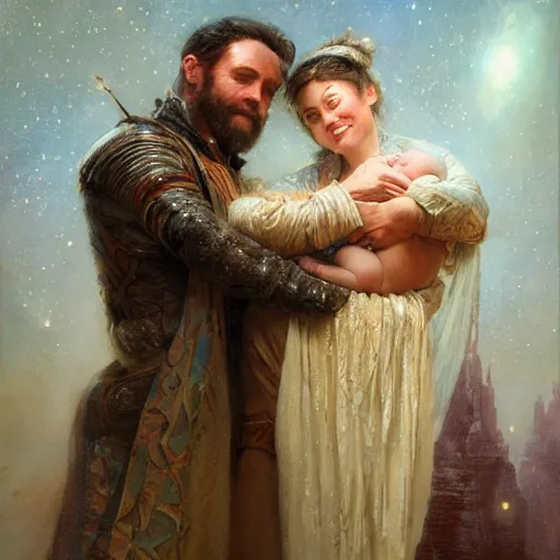 Image similar to the great father of the family, he is high up in his starry cloak, hugging his beautiful frail wife, with a little glowing baby in her arms. highly detailed painting by gaston bussiere, craig mullins, j. c. leyendecker 8 k