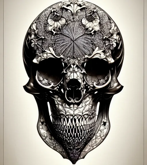 Image similar to art forms of nature by ernst haeckel, memento mori by arthur rackham, ornate antique porcelain beautiful skull mask, ultrasharp, photorealistic, hyperdetailed, octane render, polished, art nouveau, neo - gothic, gothic, intricate ornamental organic filigree, art nouveau botanicals, art forms of nature by ernst haeckel, horizontal symmetry, symbolist, visionary