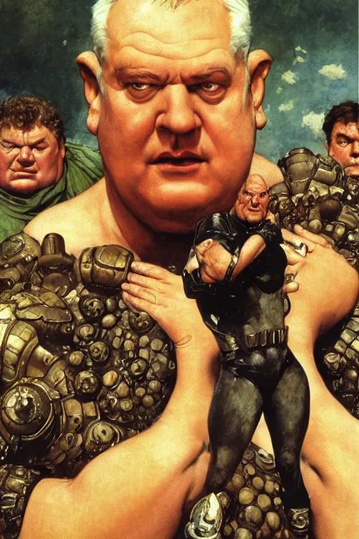 Prompt: movie still of huge hulking kenneth mcmillan as baron vladimir harkonnen wearing leather garments with muscular arms, simple background, dynamic pose, painted by jack kirby, lawrence alma tadema, norman rockwell, greg staples, wayne barlow, neville page, dune 1 9 8 2, artstation creature art, superhero