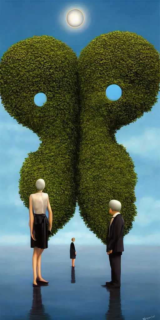 Image similar to symmetry!! they looked at each other, surreal landscape, serene, peace, very detailed, perfect composition, perfect lighting, 4 k, rene magritte, tim white, artgerm