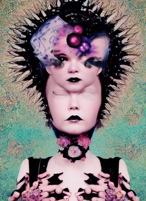 Image similar to cute punk goth fashion fractal young Bjork posing by Zhang Jingna, poster art by Hannah Höch Victor Moscoso Dan Mumford Kilian Eng Hannah Jeffrey Smith Rick Griffin Alphonse Mucha Gustav Klimt Ayami Kojima Amano Charlie Bowater, violet and black