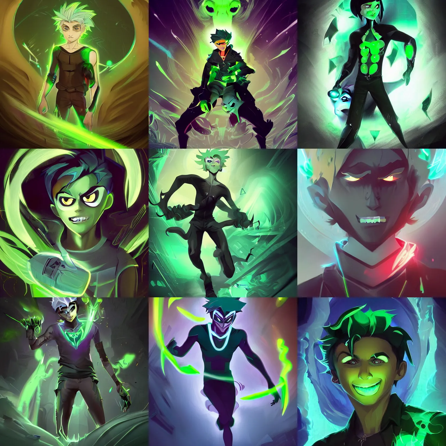 Image similar to A digital matte intricate illustration concept art of young Danny phantom with glowing green eyes and sharp teeth alt art fashion inspired art by Charlie Bowater and Artgerm and Mark Arian and Ross Tran + neon colors, wakfu colors + symmetry + greco-roman art, intricate complexity, epic composition, magical atmosphere, highly detailed, cinematic lighting + masterpiece, trending on artstation + 8k