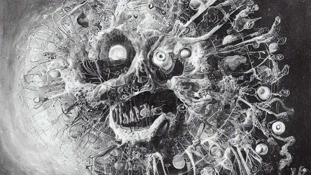 Image similar to a beautiful dreamy painting of a coronavirus inside a broken television screen, smiling alien, dark, sinister, detailed, high contrast, art by Ernst Haeckel and Matt Lombardi