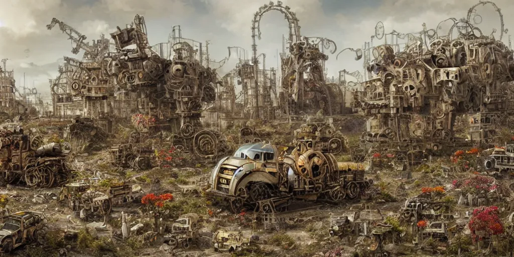 Prompt: a giant mechanical structure made of many machine parts and buildings and flowers on wheels moving through a desolate landscape, hyperrealism, highly detailed