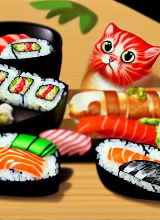 Image similar to clear photorealistic picture of adorable cats eating sushi