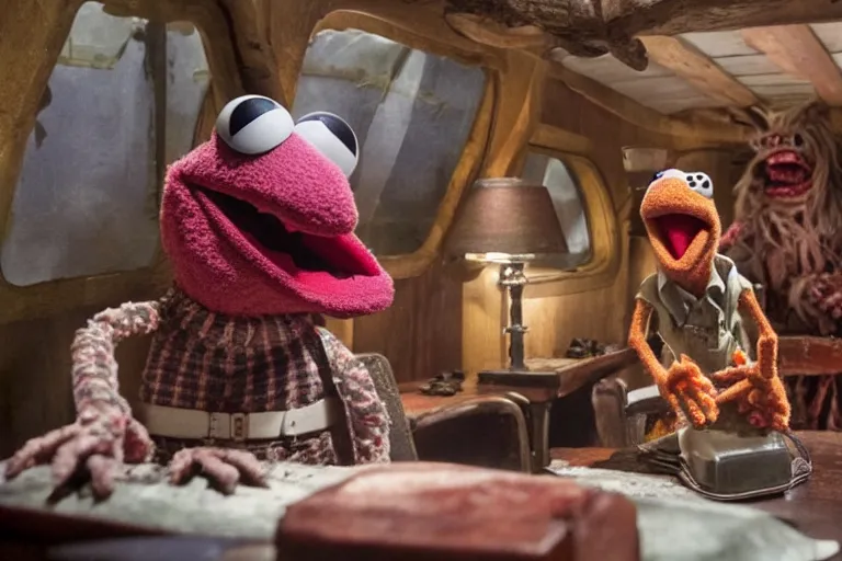 Image similar to High definition scene, inside the cabin, from Evil Dead Muppets starring BRUCE CAMPBELL as ASH