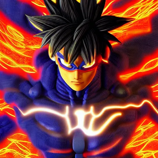 Image similar to Cyber Ultra Instict Goku Portrait, Smooth Digital Artwork, Fractal Chaos Background, Rendered in Maya, Hyperdetailed, Cinematic Shot, in style of Kentaro Miura