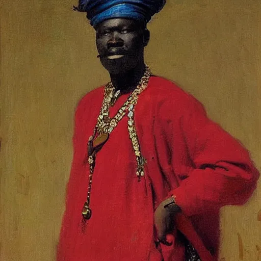 Prompt: portrait of king of dahomey outdoors dressed in airy clothing, 1905, brightly coloured oil on canvas, by ilya repin