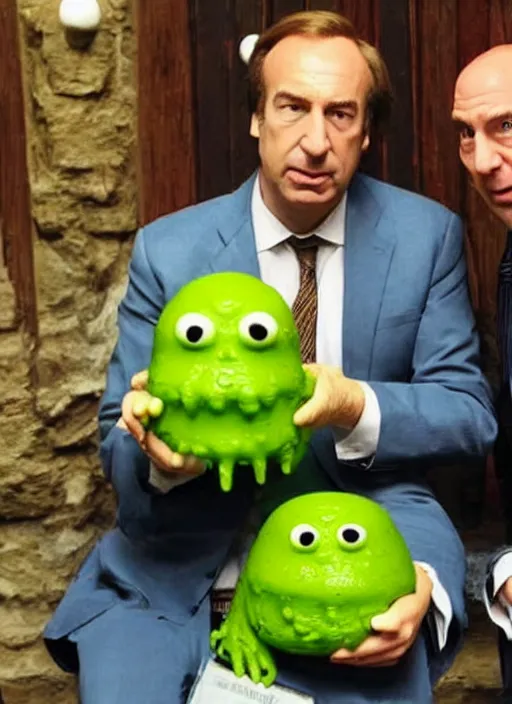 Image similar to saul goodman and a slime from dragon quest in a hogwarts bastions, goodman, slime, real life photo