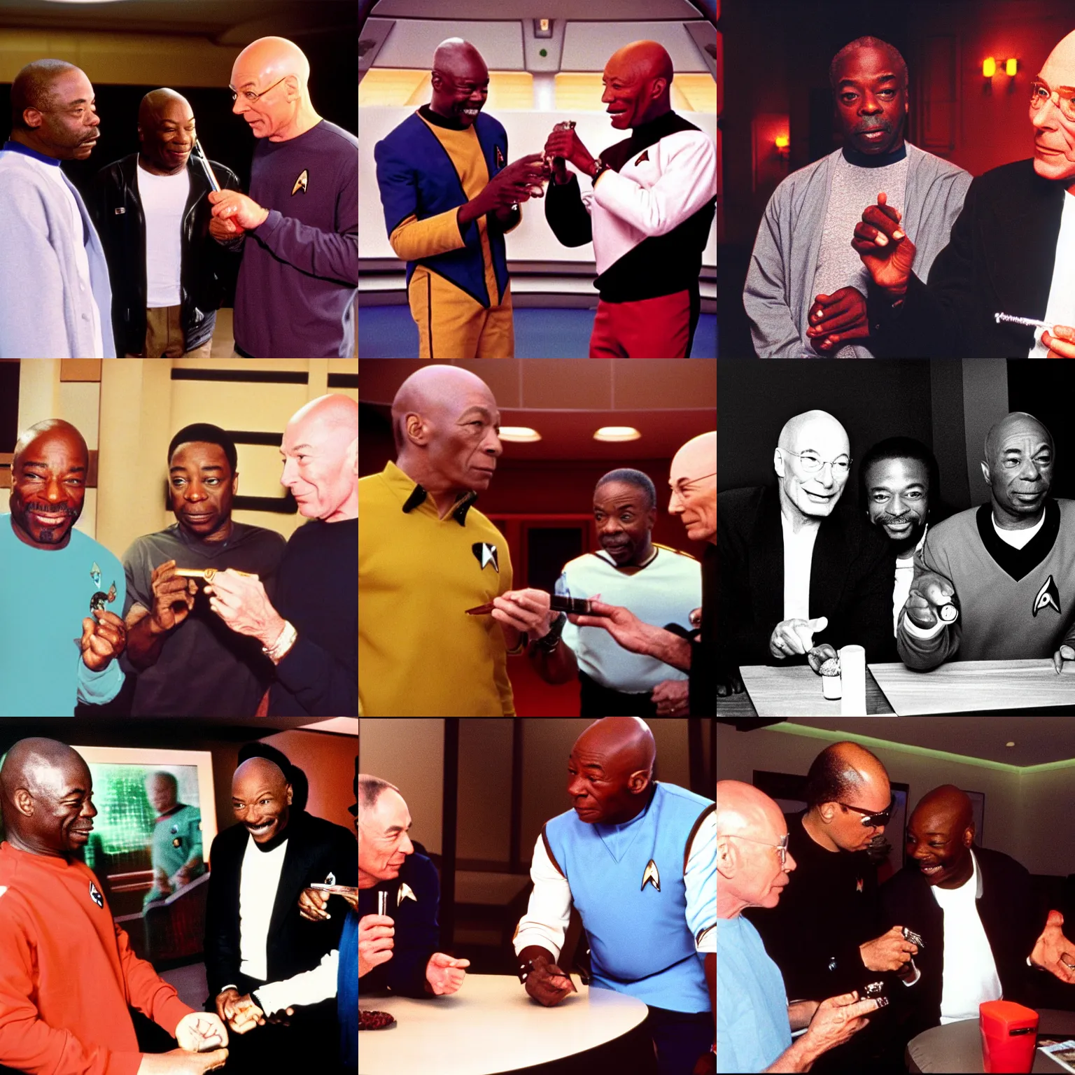 Prompt: levar Burton Brent spiner Patrick Stewart star trek sharing a blunt 1990s disposable film