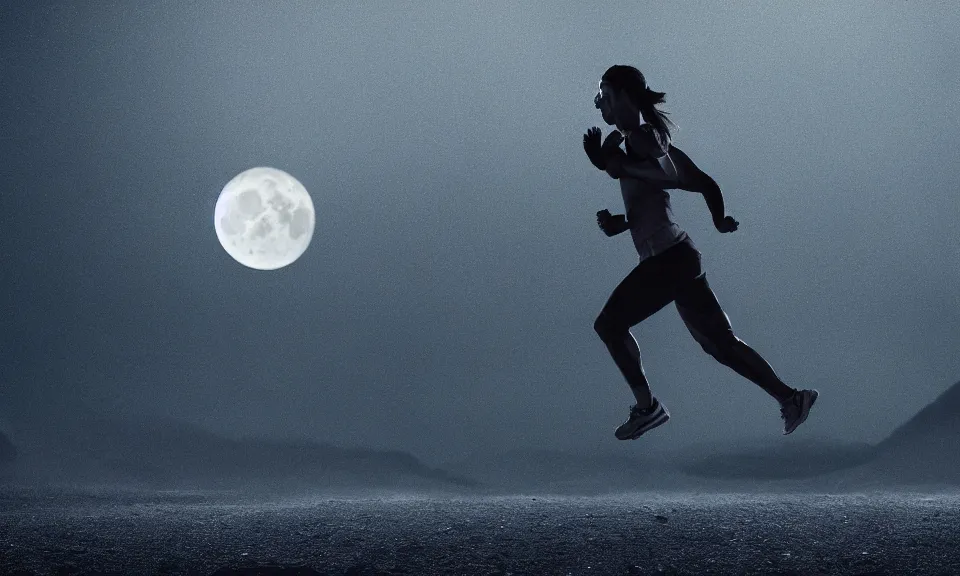 Image similar to a runner was running alone beneath the gaint moon,featured in artstation, cinematic, elegant, 8k