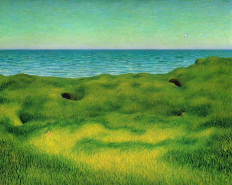 Image similar to achingly beautiful painting of bandon dunes green by rene magritte, monet, and turner.