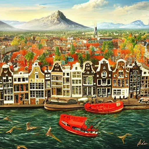 Image similar to amsterdam painting with mountains in the distance and flying dragons realistic high detail