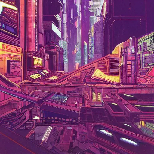 Image similar to astronaut cyberpunk surreal upside down city neon lights moebius