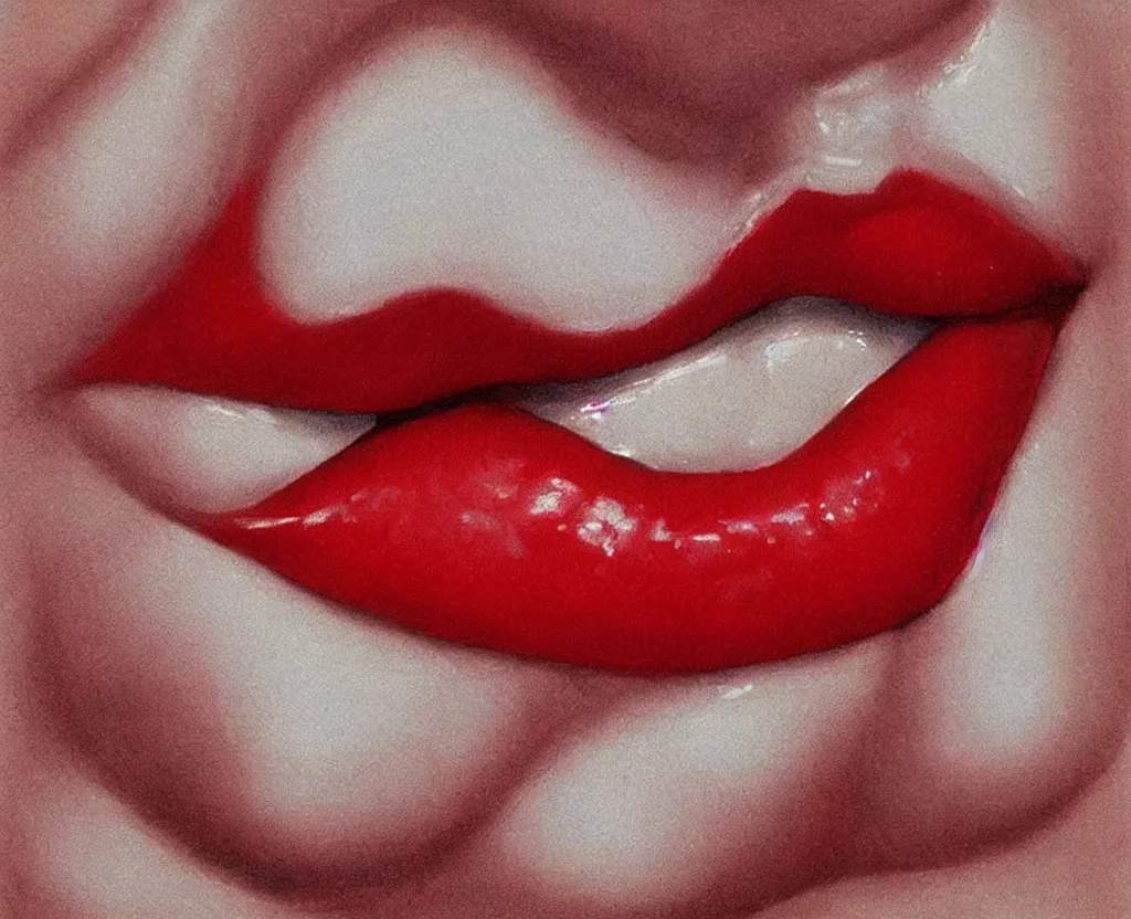 Image similar to realistic and detailed soft airbrush of a glossy scarlet red mouth on white background, inspired by 8 0's airbrush illustrations, art by masao saito