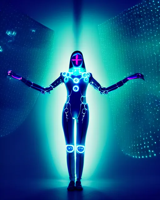 Prompt: spinning human cybersuit goddess, dark bio-mechanical bio-luminescence, luminous capes, glowing drapes, bokeh, flowing, movement, connecting cells, cinematic