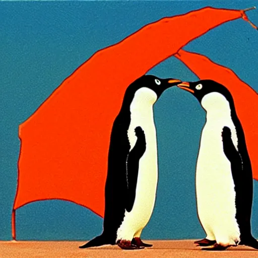 Image similar to two penguins kissing, Studio Ghibli style