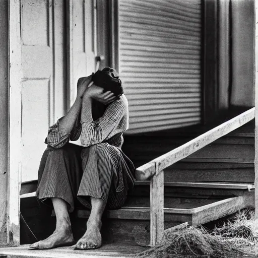 Image similar to Award winning Dorothea Lange photo, 1934, Great Depression. Woman sitting with crossed ankles on the steps of her house in the Kansas dustbowl. She stares off into the distance, resting her head on her hands. Americana, vintage, Pulitzer Prize.