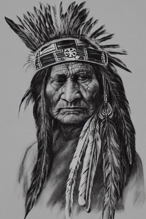 Prompt: “Native American indian, chief sitting bull, portrait, wearing headdress with feathers, pain and sadness on his face, drawn with charcoal pencil, ancient”