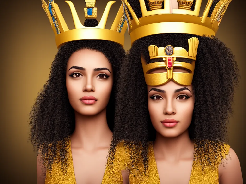 Prompt: beautiful cute egyptian queen with golden crown, nefrtiti, head shot, photorealistic, single person, portrait