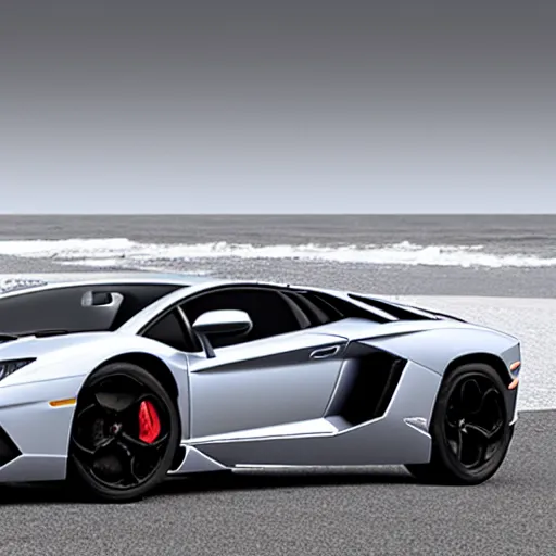 Image similar to A beautiful silver Lamborghini aventador on the beach, 8k, realistic reflection