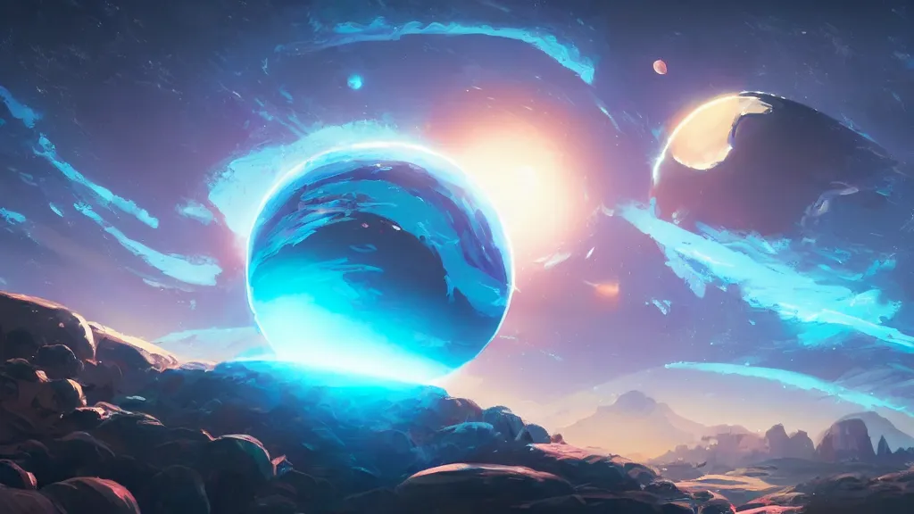 Image similar to a mysterious planet with a giant glowing blue orb at its core, by sylvain sarrailh, rossdraws, ambient light, ultra detailed, fantasy artwork, 8 k, volumetric lighting, trending on artstation, award winning, beautiful scenery, very beautiful.