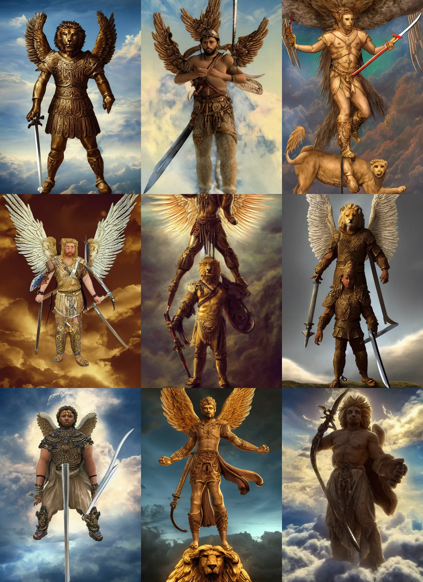 Prompt: full body render of a multi headed angelic warrior holding a sword. he is hovering above the clouds in the sky. he has 4 heads, head of a lion, head of a bear, head of an eagle, head of a human male and 6 angelic wings