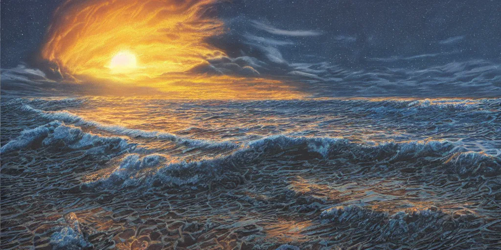 Prompt: the dawn of time, beach sunset, detailed charcoal by dan mumford