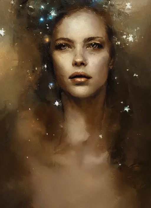Prompt: portrait of a beautiful woman with mouth agape looking deep at the viewer, her eyes are filled with stars, celestial background, hair blown in the wind, by Jeremy Mann, stylized, detailed, realistic, loose brush strokes, dramatic