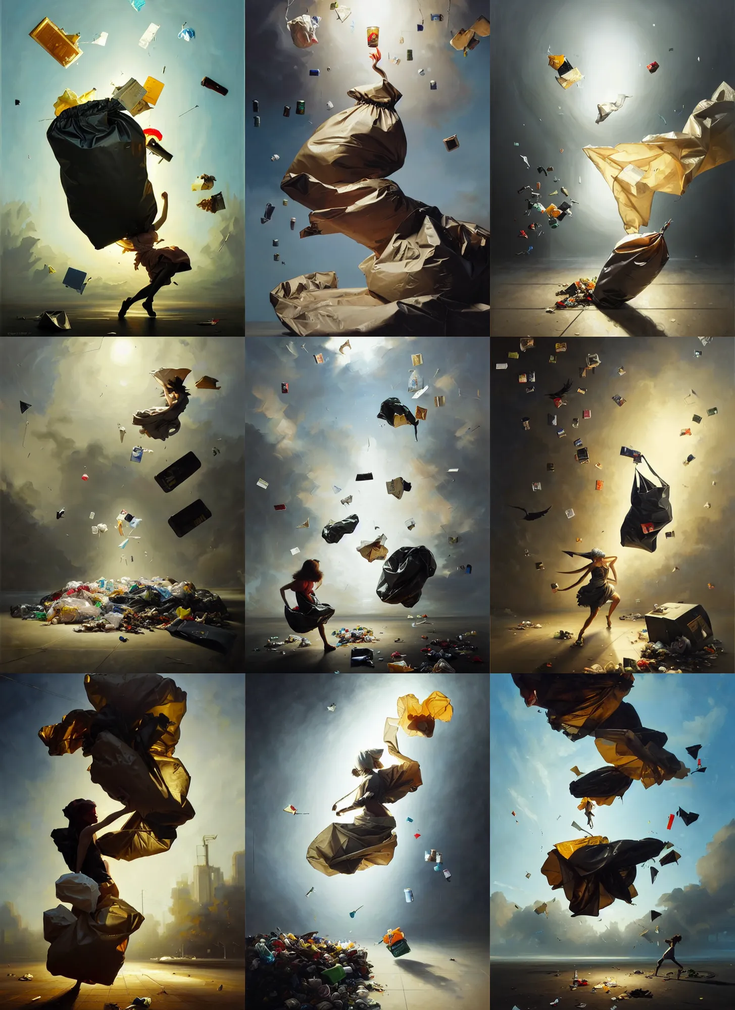 Prompt: fine art oil painting of a plastic garbage bag and garbage flying around, perspective, ultra detailed, elegant, intricate, dynamic lighting, hyperrealism, sharp focus, art by peter mohrbacher and ashley wood and casey weldon