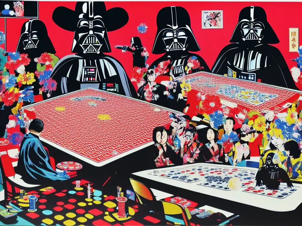 Image similar to hyper - realistic composition of a large room with an extremely detailed poker table in the center, woman in traditional japanese kimono standing nearby, darth vader sitting at the table, fireworks in the background, pop art style, jackie tsai style, andy warhol style, acrylic on canvas, dull palette