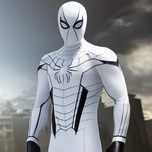 Image similar to white spider - man suit with black web lining, cinematic, volumetric lighting, realistic, hyperdetailed, photorealistic, photograph