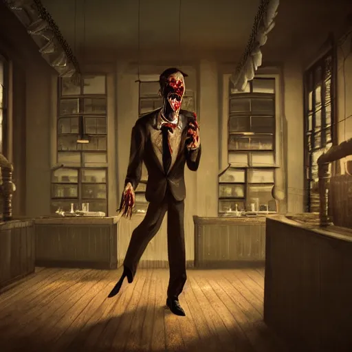 Image similar to waiter angry zombie, detailled portrait, restaurant interior, feeling of grimdark horror, daytime, high contrast, ultra intricate detailed, octane render, unreal engine, style of a dusk falls