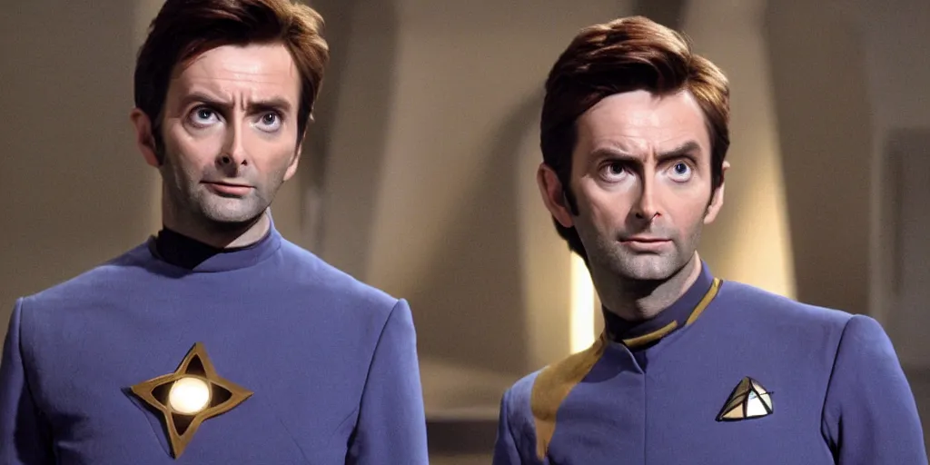 Image similar to David Tennant as Doctor Who, in Starfleet uniform, in the role of Captain Kirk in a scene from Star Trek the original series