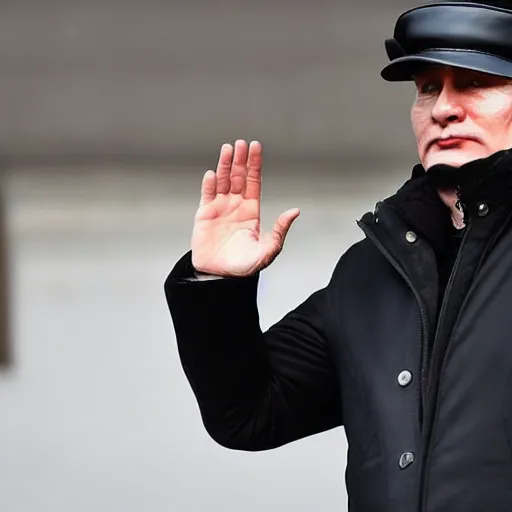 Image similar to putin wearing a black leather hat, frontal view, cool looking