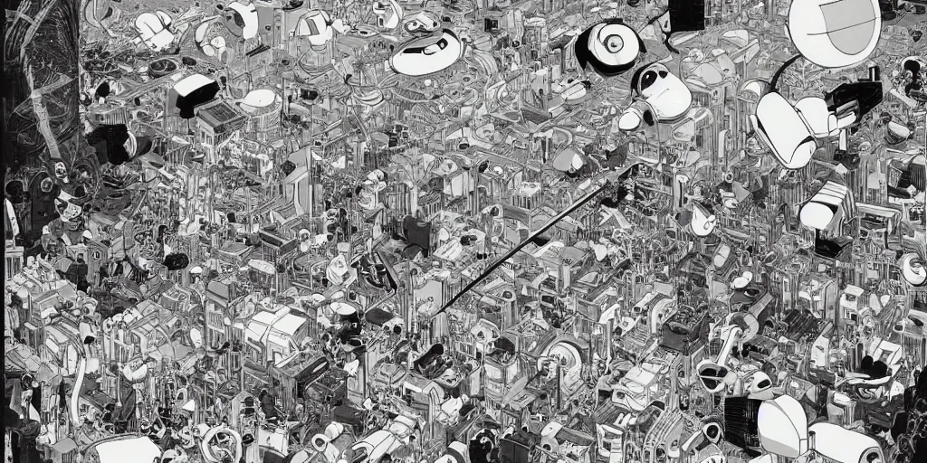 Image similar to gigantic robotic drones with lasers with human faces catch tiny robots, a lot of exotic plants around, human heads everywhere, risograph by satoshi kon and moebius, no text!, colorful flat surreal design, black & white, super - detailed, a lot of tiny details, fullshot