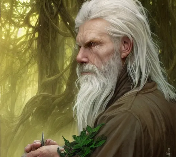 Prompt: portrait of old forest druid, pale skin, green eyes, long grey hair, simple clothes, high fantasy, dnd, d & d, illustration, by artgerm, greg rutkowski, alphonse mucha - h 7 6 8