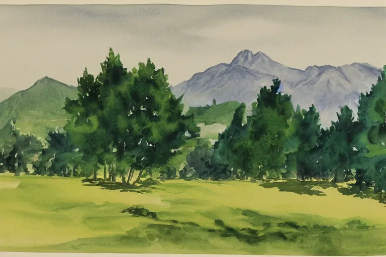 Image similar to green landscape with trees and mountains in the distance, watercolor