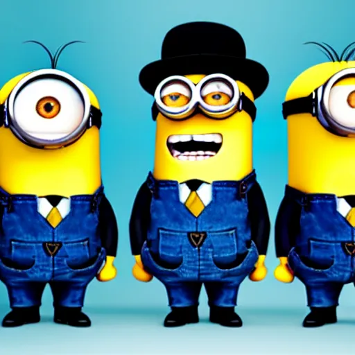 Image similar to three minions standing on top of eachother wearing a trenchcoat and a fedora, pretending to be an adult businessman