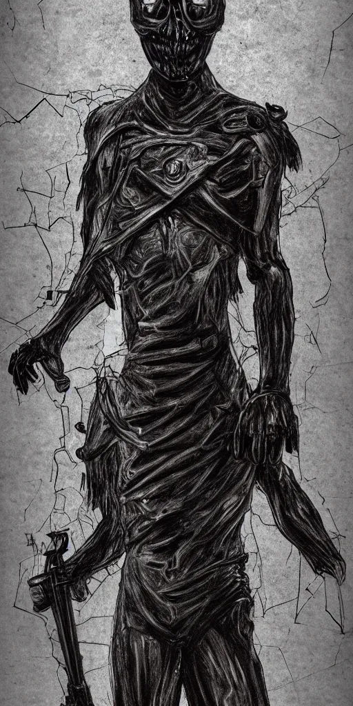 Prompt: full-body dark creepy neo gothic realistic diagram drawing central composition a decapitated soldier with futuristic elements. he looks at you with no head, dark dimension, empty helmet inside is occult mystical symbolism headless full-length view. standing on ancient altar eldritch energies disturbing frightening, hyper realism, 8k, sharpened depth of field, 3D