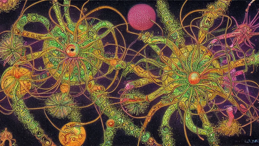 Image similar to quantum connections represented as symbiotic organisms like cells playing around with colorful lights by ernst haeckel, very very very good