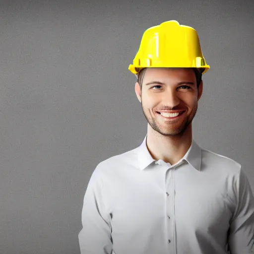 Prompt: architect as robot in site with hard hat photorealistic portrait logo