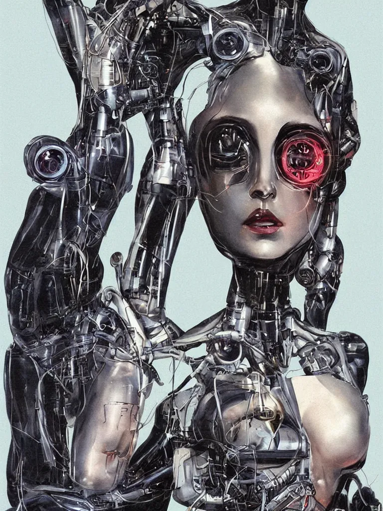 Image similar to science - fiction concept art digital drawing, by chris foss and chris moore and vincent di fate, of a beautiful cybernetic cyborg woman mannequin, with part biological eyes and heart, and exposed wiring, diagonal mid shot of head and torso, she has a sombre expression on her face